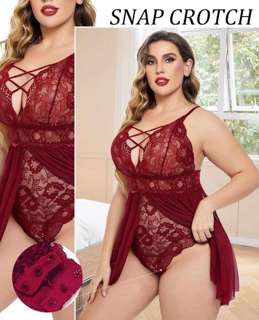 Avidlove Plus Size Babydoll Womens Snap Crotch Lingerie V Neck Lace Nighty Sleepwear L-5XL