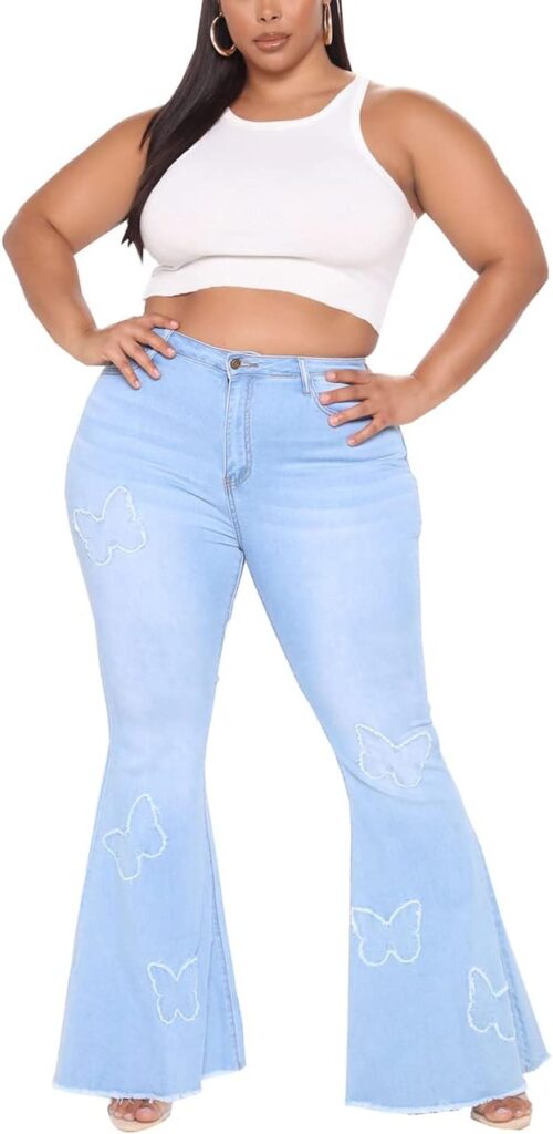 BessCops Womens Ripped Bell Bottom Plus Size Jeans Elastic Waist Flared Jean Pants