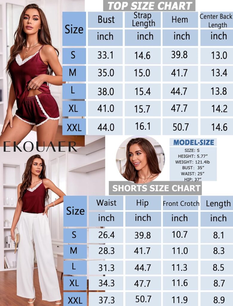 Ekouaer Womens Pajama Sets Soft Lingerie Sleepwear 2 Piece Cami Shorts Set V Neck Pj Lace Nightwear