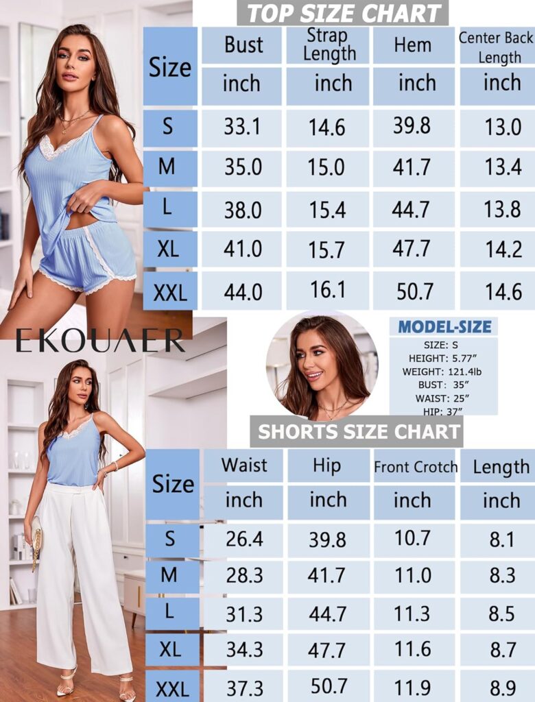 Ekouaer Womens Pajama Sets Soft Lingerie Sleepwear 2 Piece Cami Shorts Set V Neck Pj Lace Nightwear