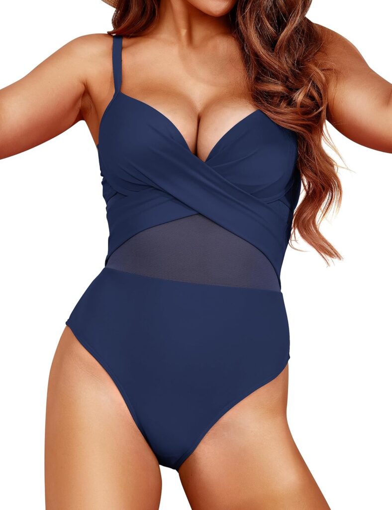 Firpearl Underwire One Piece Swimsuits for Women Mesh Sexy Cut Out Swimming Suit Criss Cross Push Up Bathing Suits
