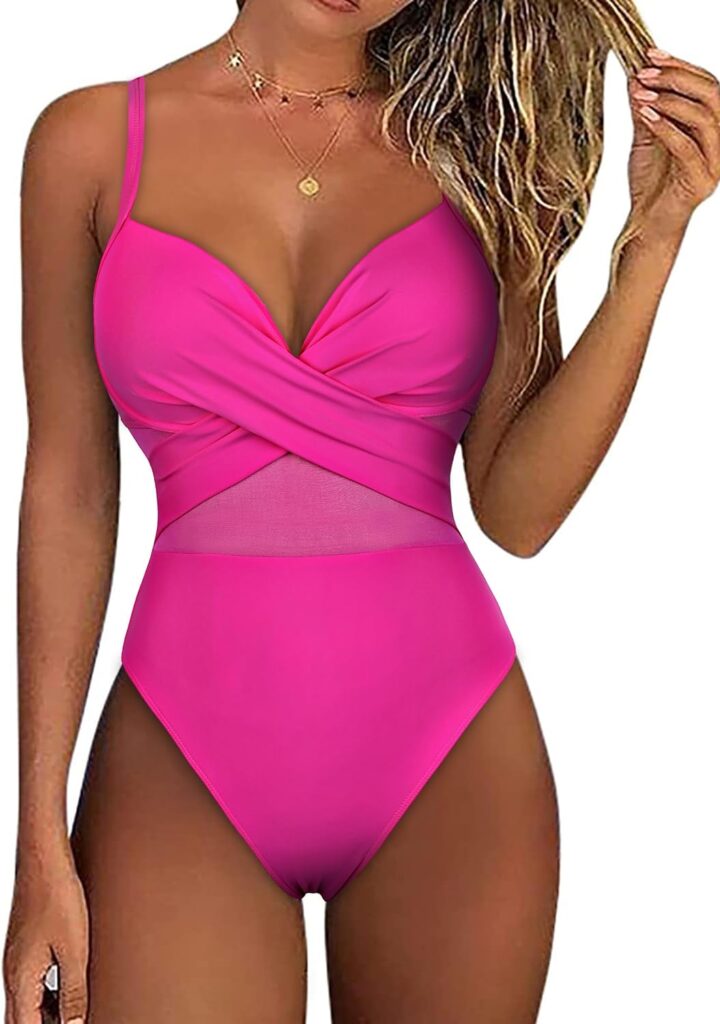 Firpearl Underwire One Piece Swimsuits for Women Mesh Sexy Cut Out Swimming Suit Criss Cross Push Up Bathing Suits