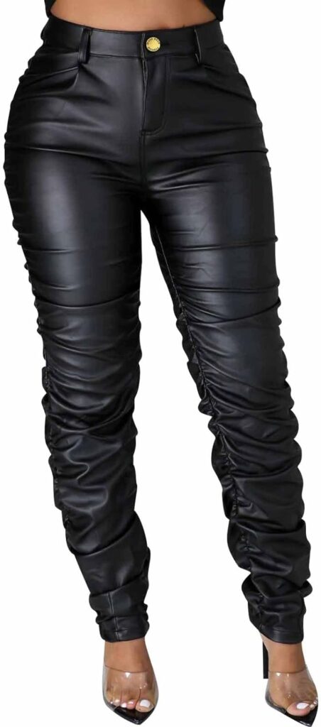 GUISBY Pu Leather Pants for Women Sexy, Knotted Side Stacked Leather Pants Women High Waisted