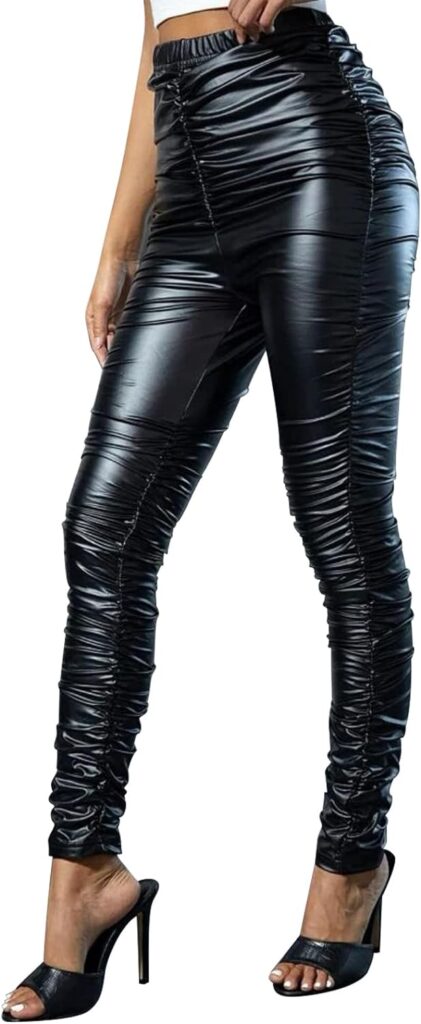 GUISBY Pu Leather Pants for Women Sexy, Knotted Side Stacked Leather Pants Women High Waisted