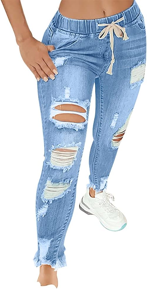 KUNMI Women High Waist Skinny Stretch Ripped Jeans Destroyed Denim Pants Plus Size