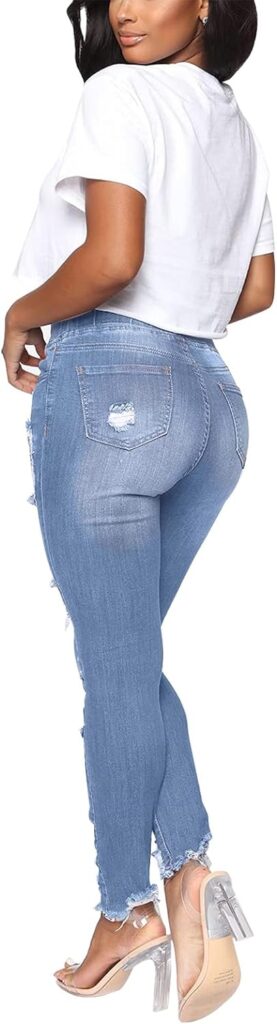 KUNMI Women High Waist Skinny Stretch Ripped Jeans Destroyed Denim Pants Plus Size