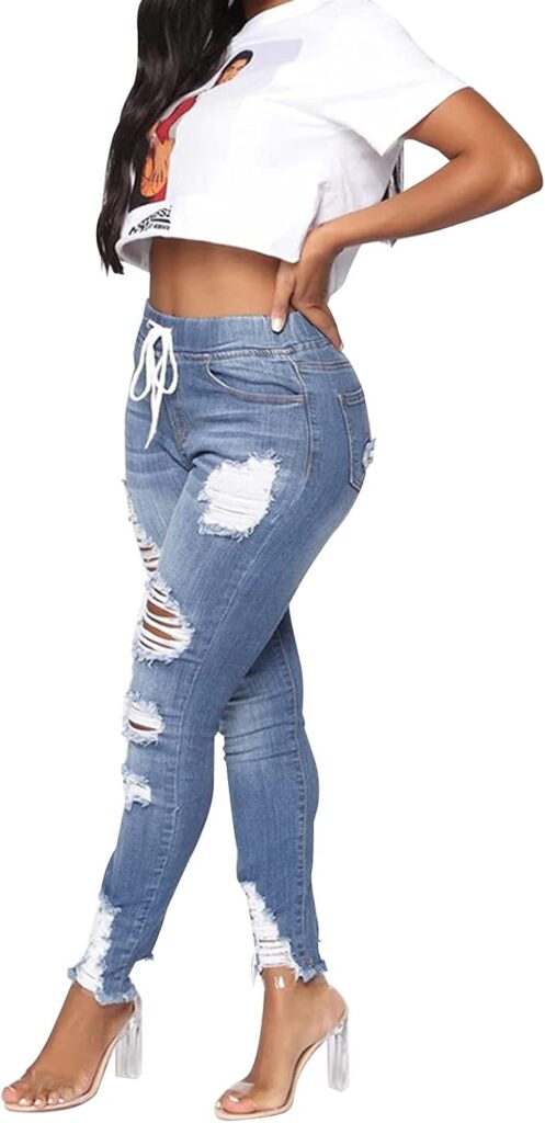 KUNMI Women High Waist Skinny Stretch Ripped Jeans Destroyed Denim Pants Plus Size