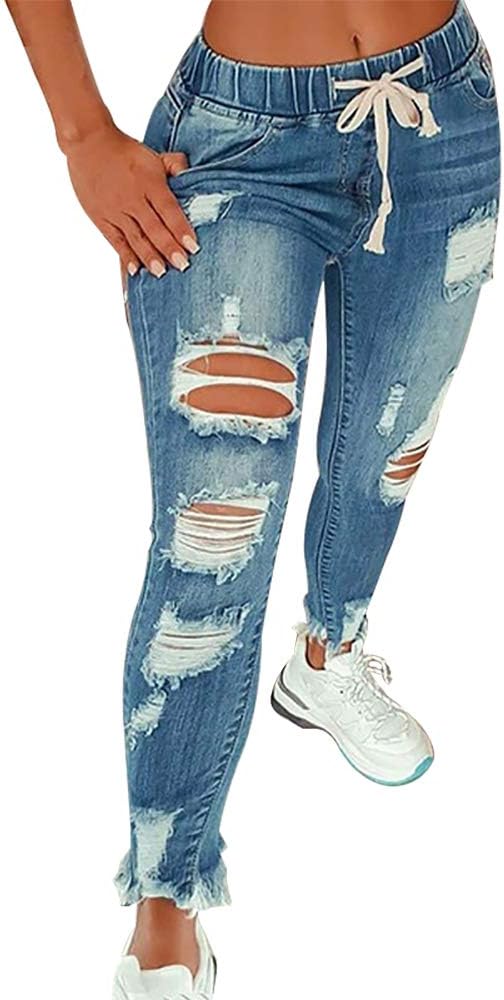 KUNMI Women High Waist Skinny Stretch Ripped Jeans Destroyed Denim Pants Plus Size