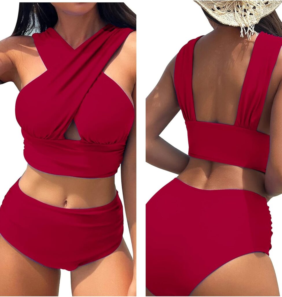 Lilosy Criss Cross Cutout Bikini Ruched High Waisted Tummy Control Swimsuit Set 2 Piece