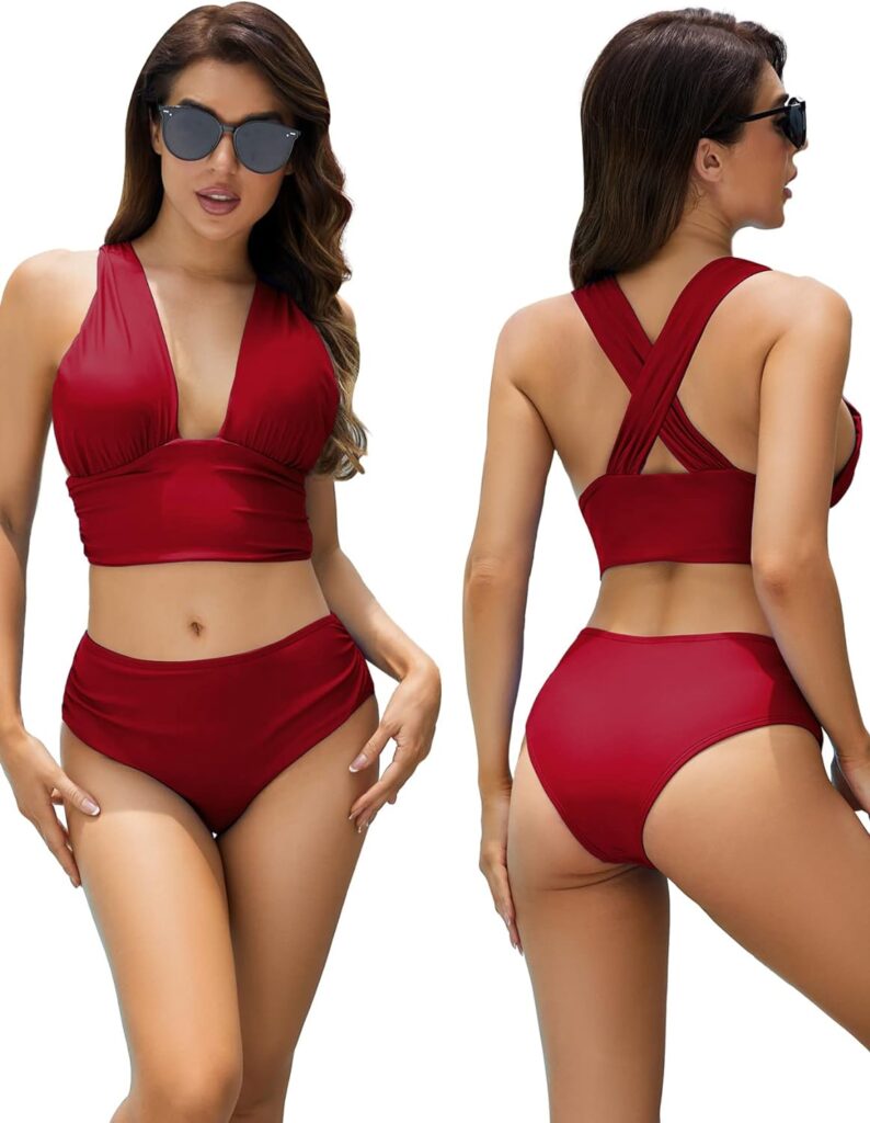 Lilosy Criss Cross Cutout Bikini Ruched High Waisted Tummy Control Swimsuit Set 2 Piece