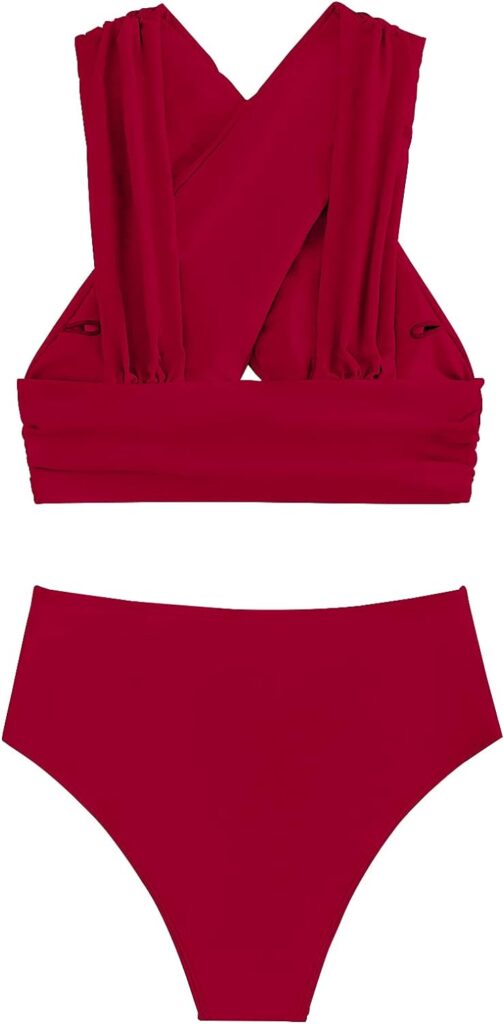 Lilosy Criss Cross Cutout Bikini Ruched High Waisted Tummy Control Swimsuit Set 2 Piece