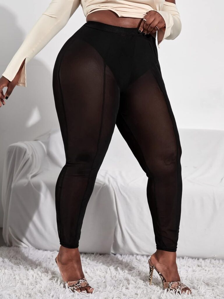 MakeMeChic Womens Plus Size Sheer Mesh High Waist Panty Lined Leggings Pants