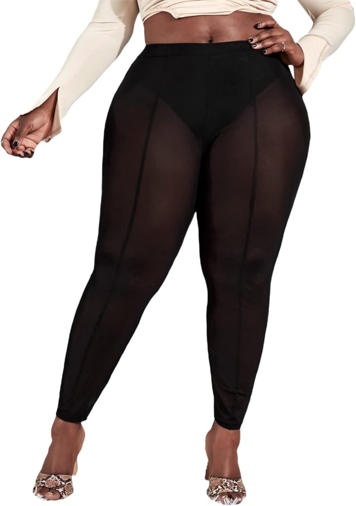 MakeMeChic Womens Plus Size Sheer Mesh High Waist Panty Lined Leggings Pants