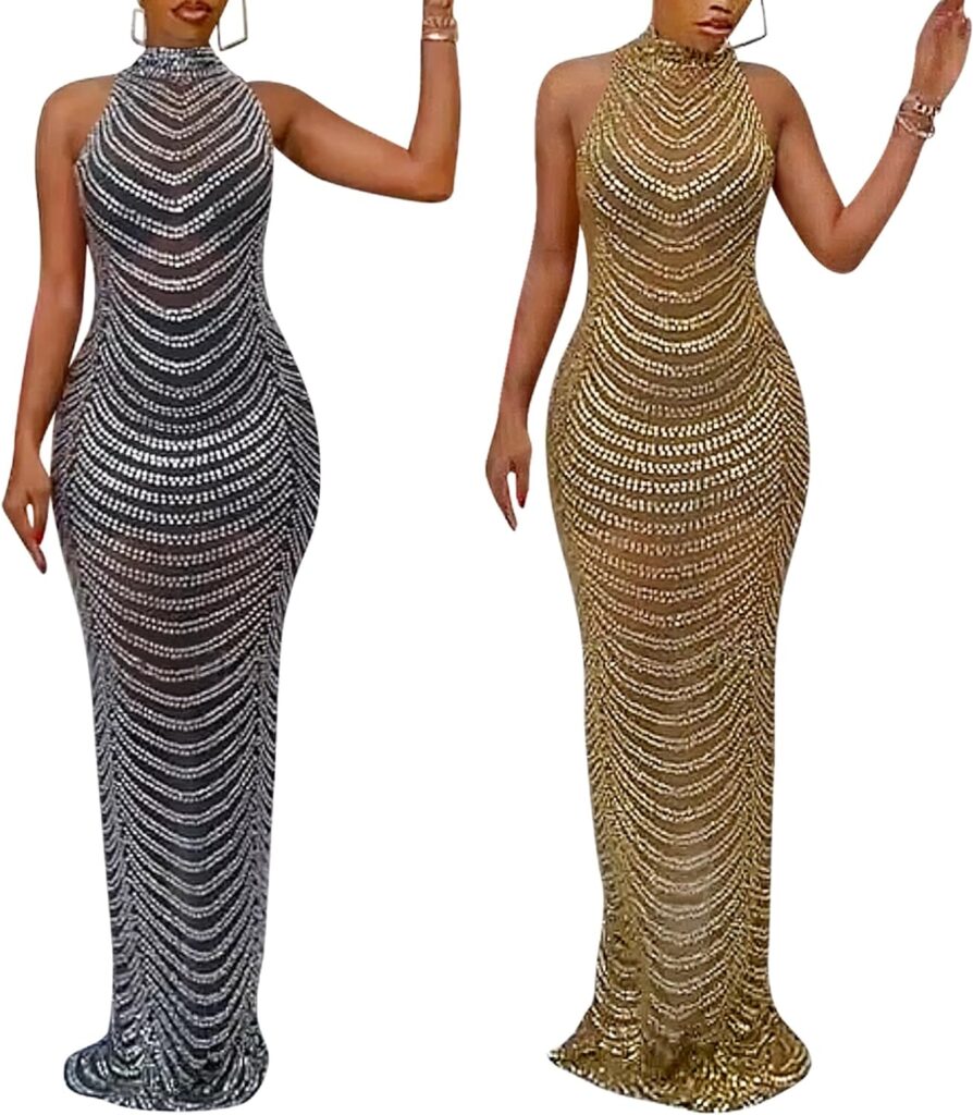 PORRCEY Womens Sexy Rhinestone Sleeveless Night Club Dress Party Clubwear for Women