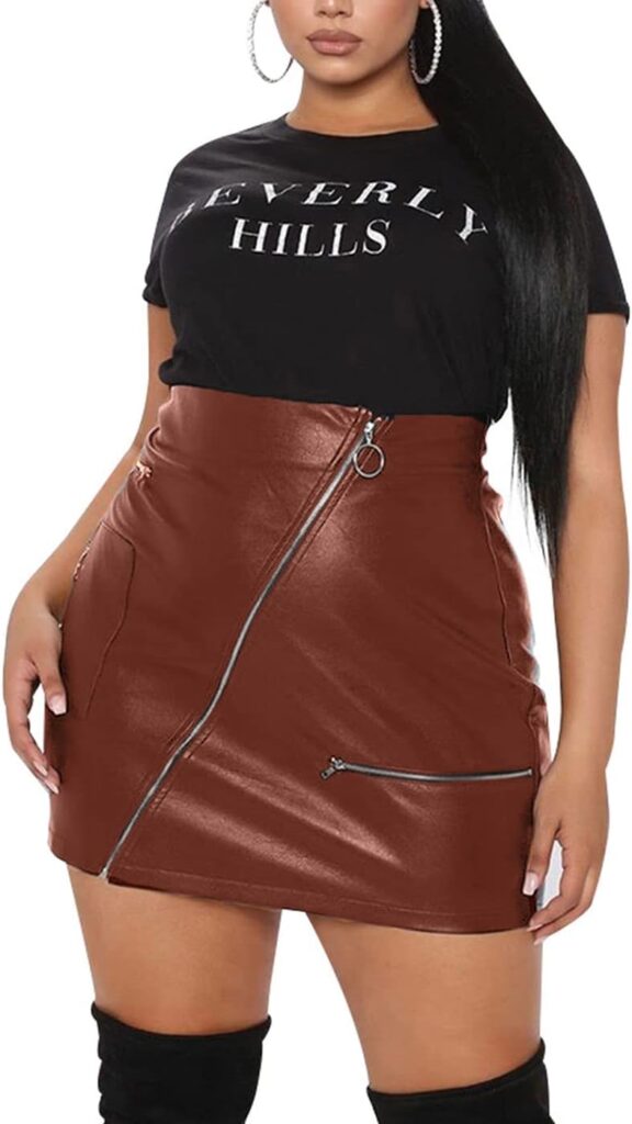 PYL Women’s Plus Size Zipper PU Faux Leather Skirt Short High Waist Mini Bodycon