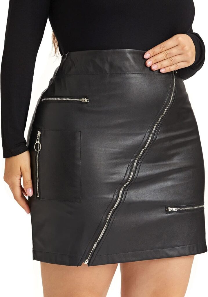 PYL Women’s Plus Size Zipper PU Faux Leather Skirt Short High Waist Mini Bodycon