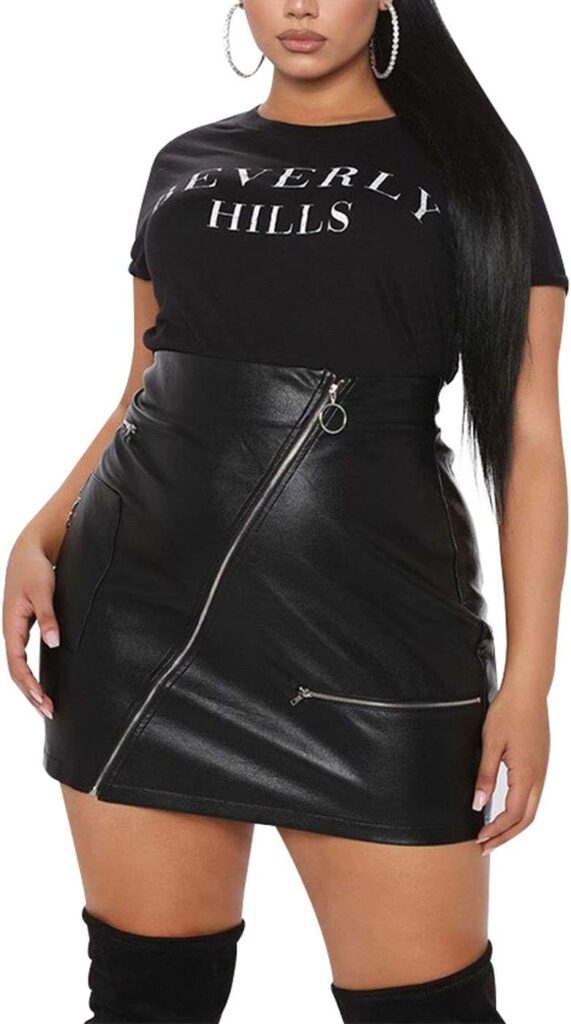 PYL Women’s Plus Size Zipper PU Faux Leather Skirt Short High Waist Mini Bodycon