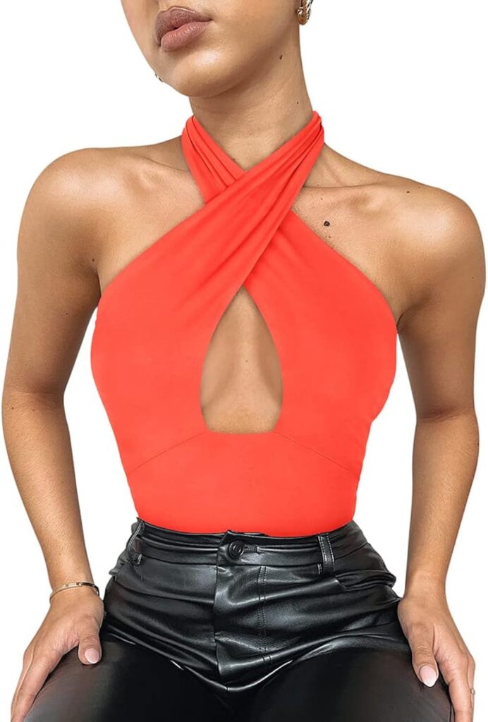 REORIA Womens Sexy Criss Cross Halter Neck Sleeveless Thong Bodysuits Tops Clubwear