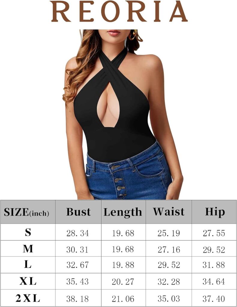 REORIA Womens Sexy Criss Cross Halter Neck Sleeveless Thong Bodysuits Tops Clubwear