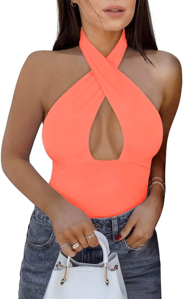 REORIA Womens Sexy Criss Cross Halter Neck Sleeveless Thong Bodysuits Tops Clubwear