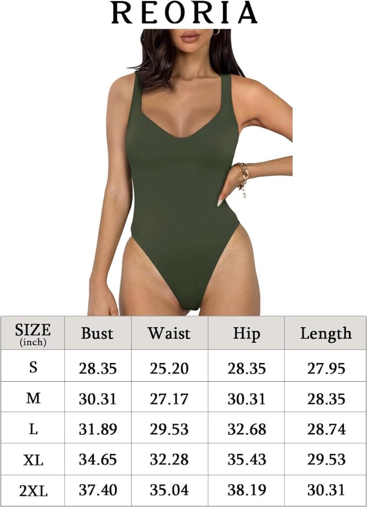 REORIA Womens Sexy V Neck Racer Back Double Lined Sleeveless Slimming Going Out Tank Top Bodysuits