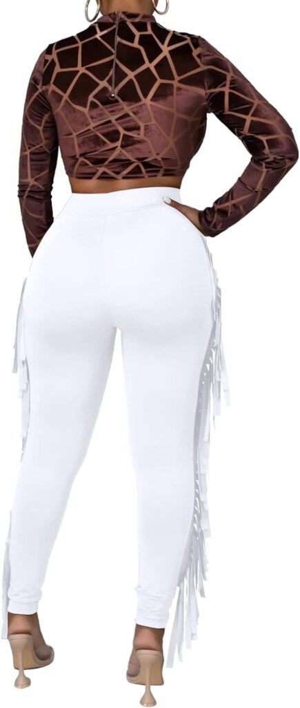 Rimhold Womens Fringe Pants Casual High Waist Solid Bodycon Side Tassel Pants Yoga Pants Sweatpants Bandage Pants