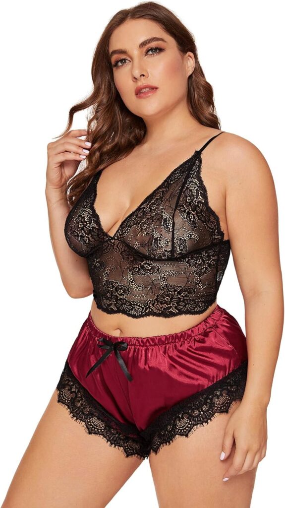 SOLY HUX Womens Plus Size Lingerie Set Spaghetti Strap Lace Trim Bralette and Shorts Sleepwear Pajama Set