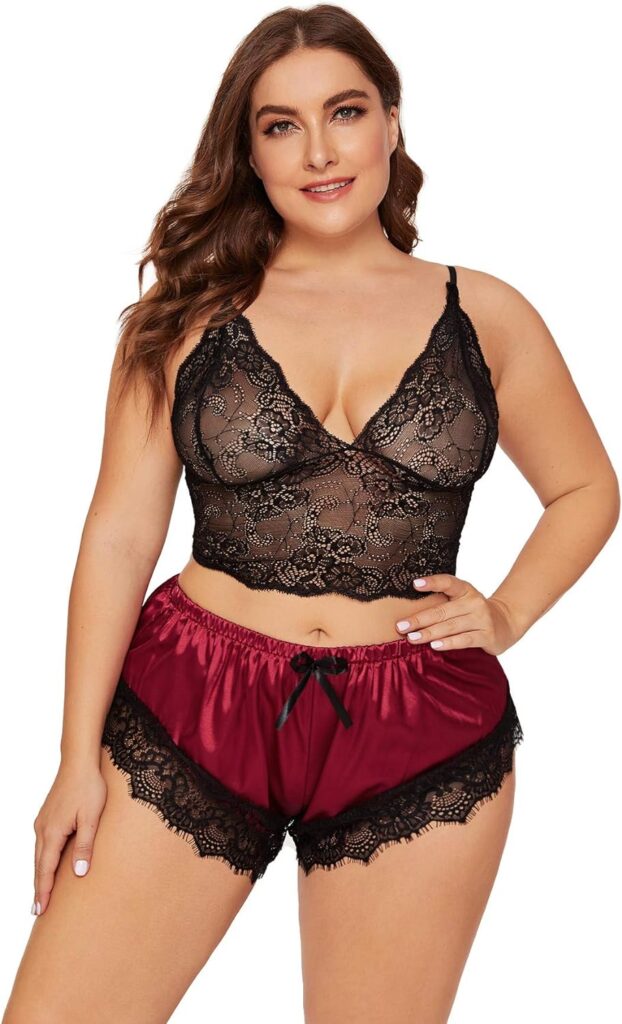 SOLY HUX Womens Plus Size Lingerie Set Spaghetti Strap Lace Trim Bralette and Shorts Sleepwear Pajama Set