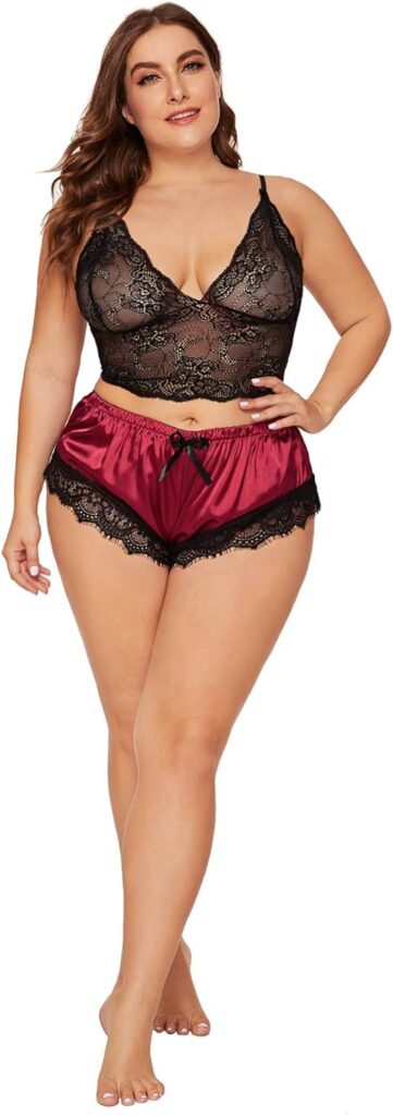 SOLY HUX Womens Plus Size Lingerie Set Spaghetti Strap Lace Trim Bralette and Shorts Sleepwear Pajama Set