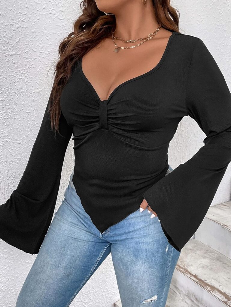 SOLY HUX Womens Plus Size Long Bell Sleeve Tops T Shirts Asymmetrical Tops Ruched Sweetheart Neck Sexy Fitted Tees