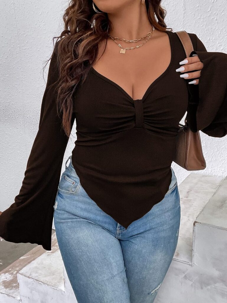 SOLY HUX Womens Plus Size Long Bell Sleeve Tops T Shirts Asymmetrical Tops Ruched Sweetheart Neck Sexy Fitted Tees