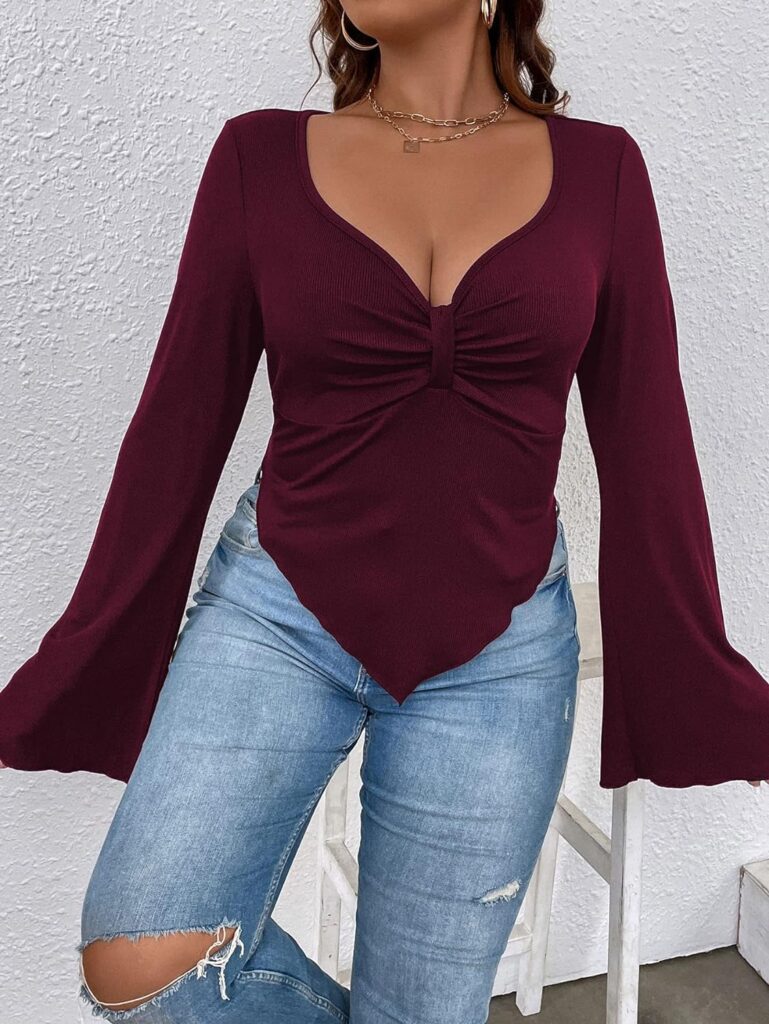 SOLY HUX Womens Plus Size Long Bell Sleeve Tops T Shirts Asymmetrical Tops Ruched Sweetheart Neck Sexy Fitted Tees