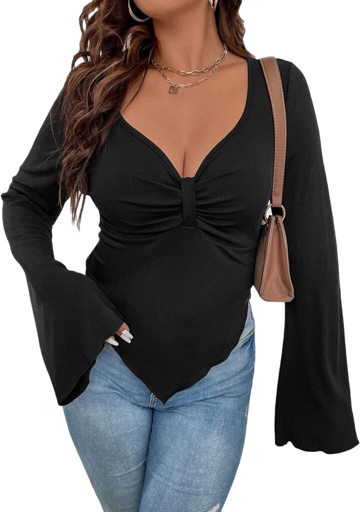 SOLY HUX Womens Plus Size Long Bell Sleeve Tops T Shirts Asymmetrical Tops Ruched Sweetheart Neck Sexy Fitted Tees