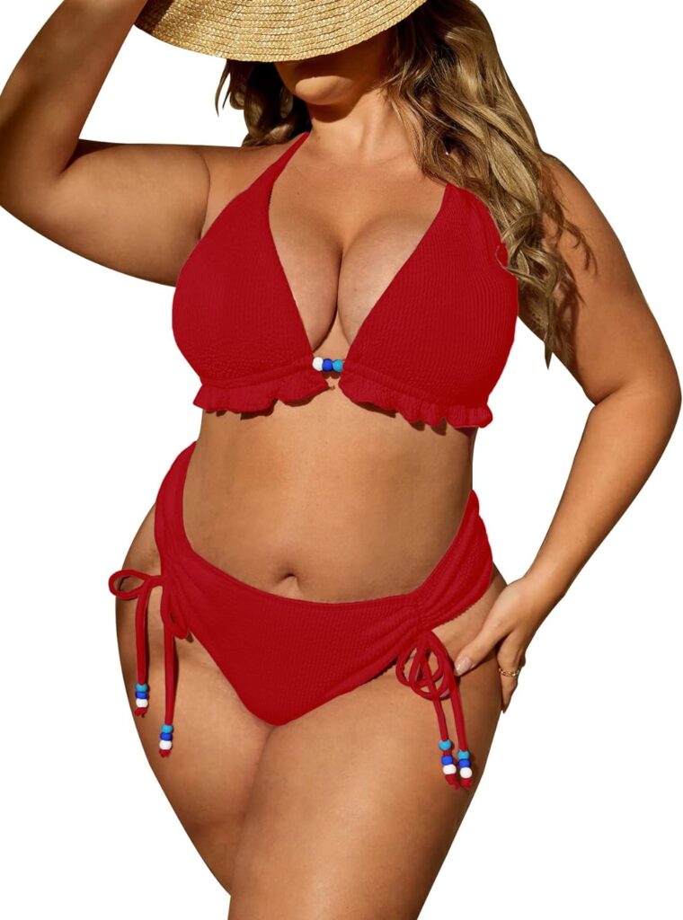 SOLY HUX Womens Plus Size Swimsuit Sexy High Waisted Bikini Set Ruched Halter Triangle Two Piece Bathing Suits