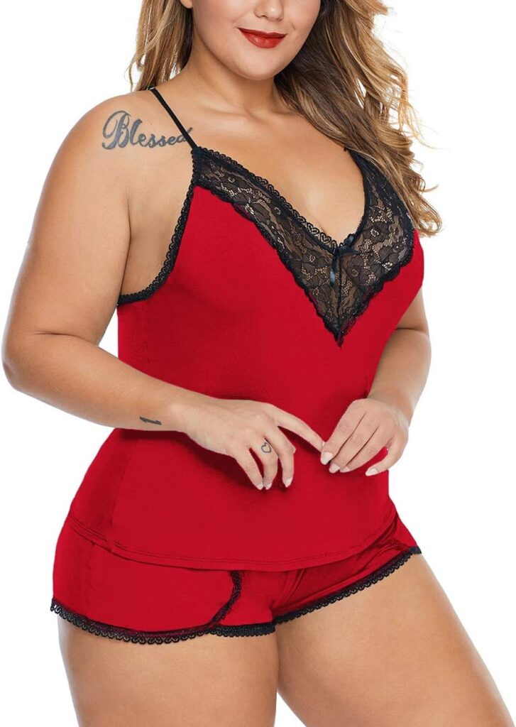 XAKALAKA Women Plus Size Pajamas Cami Shorts Set Nightwear Sexy Lace Lingerie Sleepwear