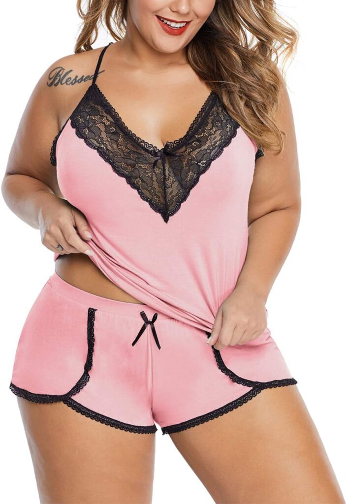 XAKALAKA Women Plus Size Pajamas Cami Shorts Set Nightwear Sexy Lace Lingerie Sleepwear